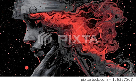 Profile of an abstract soldier in a helmet, android, ghost, AI 136357567