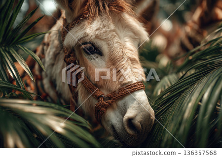 Portrait of a donkey among palm branches. 136357568