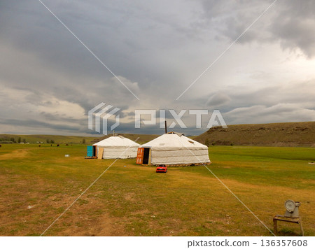 Two gers on the steppe in Mongolia Two gers on the steppe in Mongolia 136357608