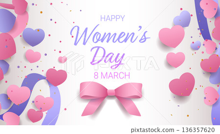 8 March womens day celebration pink bow hearts confetti purple ribbons festive background pastel colors greeting card template 8 March womens day celebration pink bow hearts confetti purple ribbons festive background pastel colors greeting card template 136357620