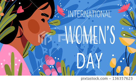 8 March womens day woman portrait flowers celebration blue background floral decoration modern banner 136357623