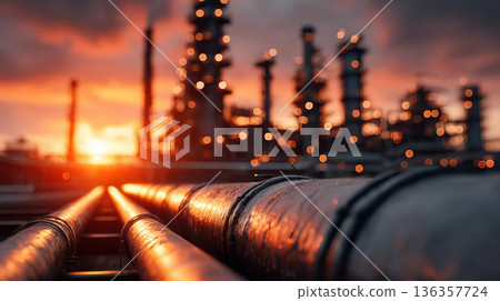 A close-up of gleaming metal pipes approaching an oil refinery at sunrise 136357724