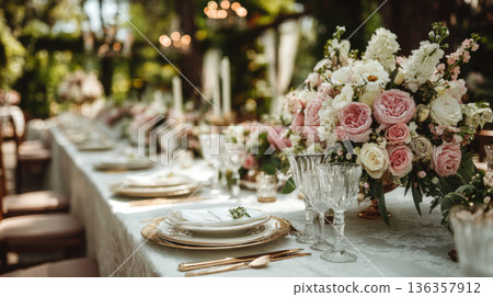 elegant outdoor festive table with bouquets of flowers. Festive wedding table setting 136357912