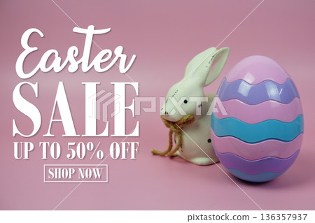 Easter Sale 50% promotion with Easter Egg and rabbits decorations concept on pink background 136357937