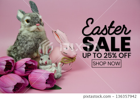 Easter Sale 25% promotion with rabbit and tulip flowers decorations concept on pink background 136357942