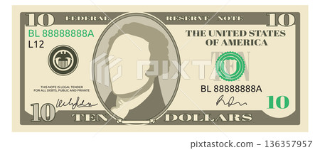 Us banknote. Ten dollars bill. Money cash Us banknote. Ten dollars bill. Money cash 136357957
