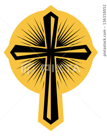 Cross with yellow shining. Sunlight pray spiritual sign 136358052