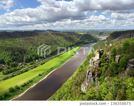 A magnificent natural scenery taken from the top of a mountain with vast greenery and a river below A magnificent natural scenery taken from the top of a mountain with vast greenery and a river below 136358073