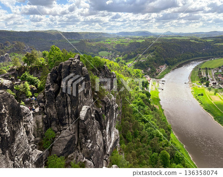 A calm May landscape with blackened rocks, a river, and green meadows A calm May landscape with blackened rocks, a river, and green meadows 136358074