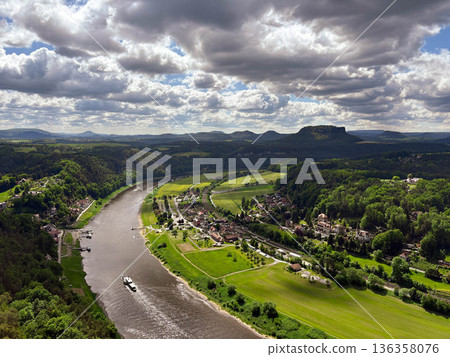 May 2025. View from above on the Elbe River and cliffs. Saxon Switzerland. Editorial May 2025. View from above on the Elbe River and cliffs. Saxon Switzerland. Editorial 136358076