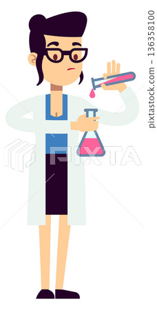 Scientist pour liquid in lab flask. Chemical experiment 136358100