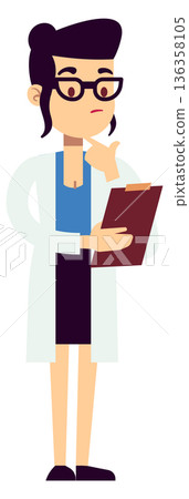Thinking scientist woman. Female doctor read patient record Thinking scientist woman. Female doctor read patient record 136358105