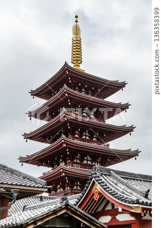 Building view of the Five-storied Pagoda of Kinryu-zan Senso-ji in Asakusa, Tokyo, Japan. The pagoda enshrines the relics of the Buddha, the founder of Buddhism. Building view of the Five-storied Pagoda of Kinryu-zan Senso-ji in Asakusa, Tokyo, Japan. The pagoda enshrines the relics of the Buddha, the founder of Buddhism. 136358399