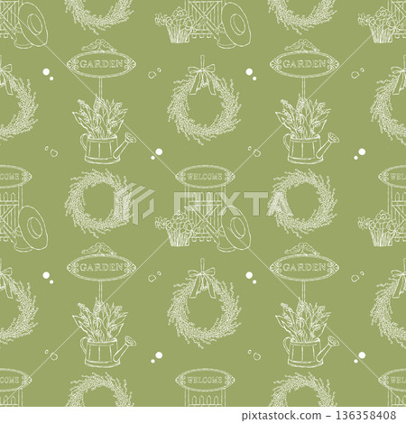 Seamless vector pattern with gardening attributes. Spring background with garden elements, watering can, fence, flowers, and wreaths on a green background. Vector outline illustration. Easter theme. Seamless vector pattern with gardening attributes. Spring background with garden elements, watering can, fence, flowers, and wreaths on a green background. Vector outline illustration. Easter theme. 136358408