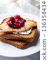 Open sandwich from leftover turkey and cranberry sauce 136358434