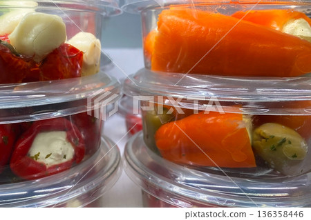 Assorted Marinated Vegetables and Stuffed Peppers in Deli Containers Assorted Marinated Vegetables and Stuffed Peppers in Deli Containers 136358446