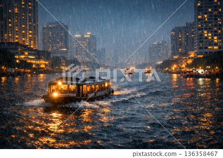 A scene of a passenger boat is moving along the Chao Phraya River in Bangkok, Thailand during heavy rain. 136358467