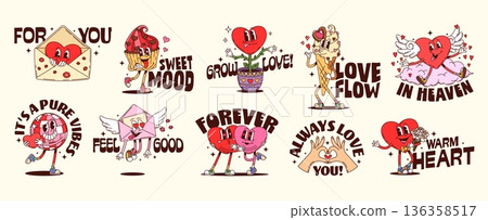 Valentine love hearts and Y2K groovy stickers or funky labels, cartoon vector. Valentine day cartoon groovy stickers with funny heart characters in love on cloud with sweet mood and love vibe quotes 136358517