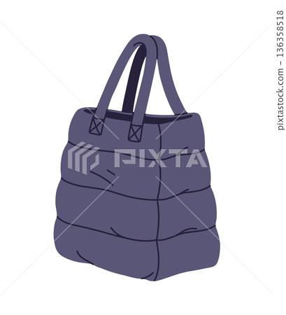 Winter wardrobe puffer bag, cold weather garment accessory. Warm garment accessory, winter cold weather puffer bag cartoon isolated vector element. Autumn or spring wardrobe clothes item sticker Winter wardrobe puffer bag, cold weather garment accessory. Warm garment accessory, winter cold weather puffer bag cartoon isolated vector element. Autumn or spring wardrobe clothes item sticker 136358518
