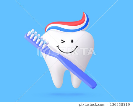 3d tooth with toothbrush, dental care cute mascot character with tooth brush. Vector smiling healthy tooth cartoon personage of dental care, hygiene, oral health, dentistry clinic and hygiene routine 3d tooth with toothbrush, dental care cute mascot character with tooth brush. Vector smiling healthy tooth cartoon personage of dental care, hygiene, oral health, dentistry clinic and hygiene routine 136358519