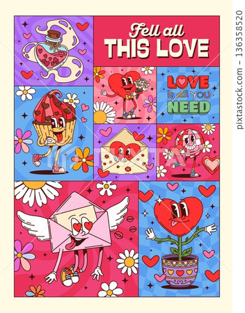 Valentine groovy love characters funky posters. Cheerful cupcake, glowing disco ball, heart holding daisy bouquet, envelopes, and love potion bottle for retro party decor, or romantic prints Valentine groovy love characters funky posters. Cheerful cupcake, glowing disco ball, heart holding daisy bouquet, envelopes, and love potion bottle for retro party decor, or romantic prints 136358520