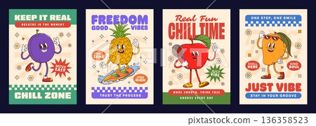 Funny ripe fruits groovy characters posters. Vector cheerful y2k plum, pineapple, apple and mango with friendly faces and motivating slogans, expressing fun, freedom, confidence, and a chill lifestyle 136358523