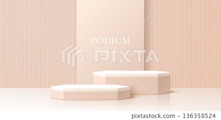 Cosmetic product beige podium stand, pedestal or display platform. Vector 3d abstract studio stage or podium mockup with minimal geometric empty step platforms at pastel beige wall background 136358524