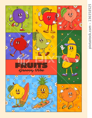 Tropical fruits groovy character poster collage. Cheerful cartoon pineapple, pear, banana, apple, orange, lemon, plum, peach, and pomegranate fruit personages. Vector funky vibrant y2k vibe background 136358525