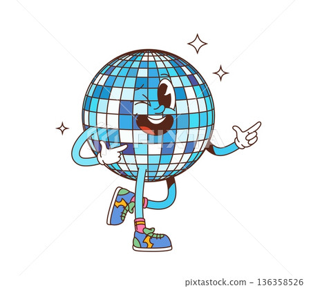 Groovy disco ball character. Retro cartoon discoball wearing old school sneakers, posing with cheerful smile and pointing hands. Isolated vector personage light up dance floor, exuding y2k party vibes 136358526