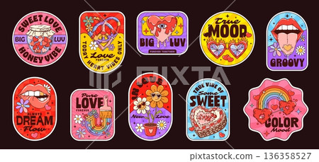 Valentine Day groovy stickers, hippie love patches with vector funky hearts, peace and rainbow. Cartoon retro daisy flower characters, heart shape sunglasses, cake and girls lips patch stickers set 136358527