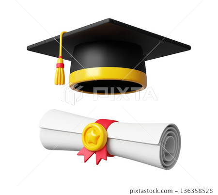 3d graduation cap with student diploma. Vector mortarboard hat with tassel and rolled certificate tied with ribbon. Academic education symbol of student success, achievement and completion of studies 136358528