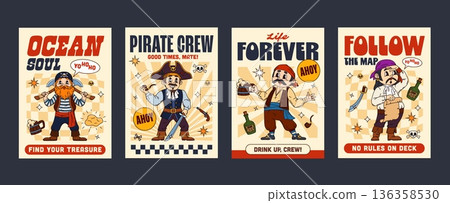 Funky pirates and corsairs groovy hippie characters posters. Vector posters featuring cheerful pirates with axes, saber, pipe, tricorn hat, beer mug, treasure map. Retro design for funky party decor 136358530