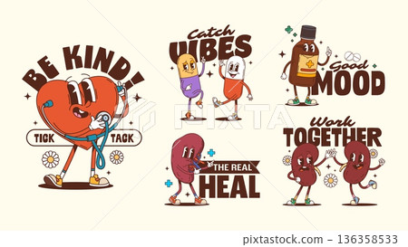 Medicine and healthcare groovy characters stickers and t shirt prints. Retro vector stickers featuring heart with stethoscope, dancing pills, cough syrup bottle, dancing kidneys, and liver Medicine and healthcare groovy characters stickers and t shirt prints. Retro vector stickers featuring heart with stethoscope, dancing pills, cough syrup bottle, dancing kidneys, and liver 136358533