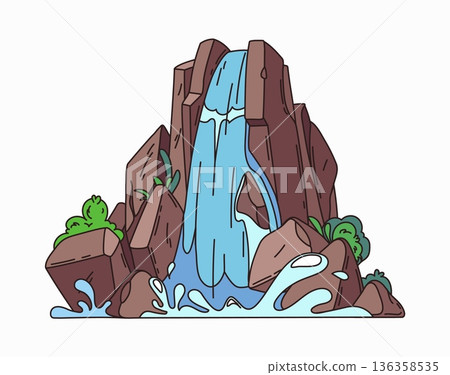 Pirate island cartoon mountain waterfall, treasure map detail. Pirate treasure hunting map constructor detail, piracy island vector environment asset. Corsair adventure object with waterfall cascade 136358535