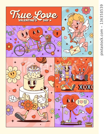 Groovy Valentine love characters on hippie posters with funny hearts and cupids, cartoon vector. Valentine's day groovy posters with happy hearts riding bicycle, wedding cake with flowers and gifts 136358539