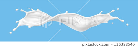 White milk cream or yoghurt wave splash wave flow. Realistic 3d vector dairy drink swirl with drops and splatters. Liquid swirled protein product flow stream. Milky dairy fresh creamy yogurt dessert 136358540