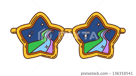 Cartoon groovy funky glasses shaped sunglasses with bright yellow star frames and colorful cosmic psychedelic paths and sparkling twinkles inside the lenses. Vector retro hippie y2k funky accessory Cartoon groovy funky glasses shaped sunglasses with bright yellow star frames and colorful cosmic psychedelic paths and sparkling twinkles inside the lenses. Vector retro hippie y2k funky accessory 136358541