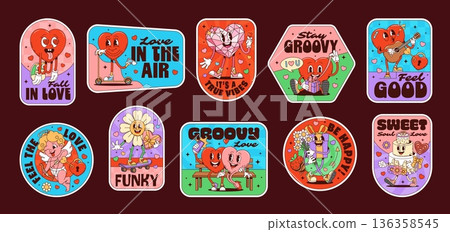 Valentine's day and love hippie groovy labels or stickers, heart retro patches. Red vector heart in love, heart riding scooter, playing guitar, daisy, gift and Cupid characters for apparel prints 136358545
