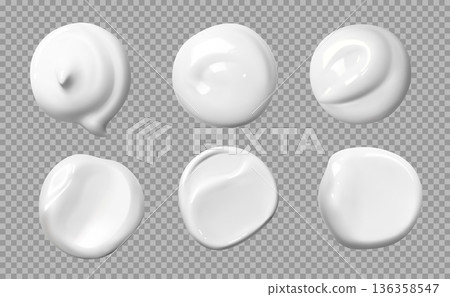 Realistic white skincare cosmetics cream swatches on transparent background. Vector 3d makeup, face and body skin care cream swatches round splashes set. White lotion, gel or sunscreen creamy drops Realistic white skincare cosmetics cream swatches on transparent background. Vector 3d makeup, face and body skin care cream swatches round splashes set. White lotion, gel or sunscreen creamy drops 136358547