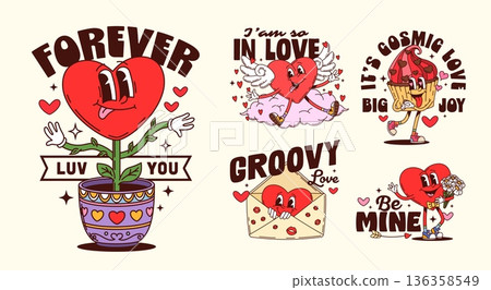 Valentine love heart groovy characters on stickers for love holiday, cartoon vector labels. Valentine day Y2K groovy stickers, love quotes with funky heart on pink cloud and cupcake with freaky smile 136358549
