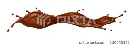 Chocolate drink flow splash and wave, realistic splatter. 3d vector choco milk cream or drink splashes, brown cocoa dessert flow. Coffee drink swirl or stream with drops, liquid splashing fluid drop 136358551