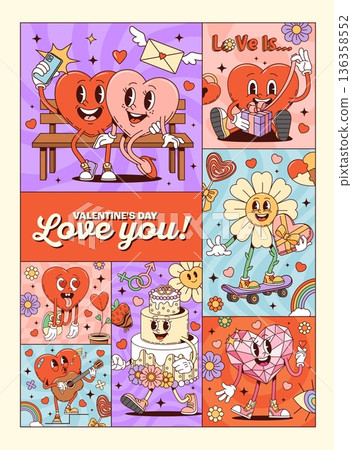 Valentine groovy love heart characters funky posters, vector Valentine's Day. Cartoon retro y2k hearts, funny groovy daisy flowers and cute cake mascots posters with Valentine gifts and candies 136358552