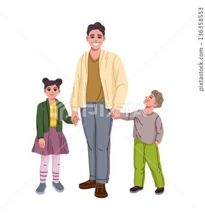 Father and kids happy family cartoon characters. Happy parent and children, young father, son and daughter vector characters. Family personages standing together in casual clothing and holding hands Father and kids happy family cartoon characters. Happy parent and children, young father, son and daughter vector characters. Family personages standing together in casual clothing and holding hands 136358553