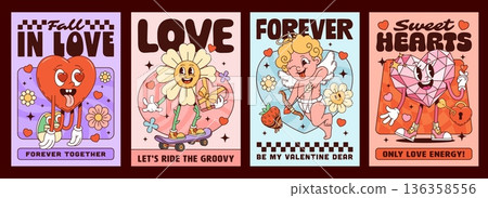 Valentine groovy hippie posters with funky characters of heart in love, cartoon vector. Valentine's day groovy posters with happy cupid angel and daisy flower with gift and romantic love quote phrases 136358556