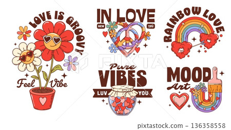 Valentine's Day hippie groovy love labels and heart stickers set. Funny y2k daisy flowers vector mascots with hippy rainbow, heart shaped sunglasses, candy and peace symbols, groovy Valentine stickers Valentine's Day hippie groovy love labels and heart stickers set. Funny y2k daisy flowers vector mascots with hippy rainbow, heart shaped sunglasses, candy and peace symbols, groovy Valentine stickers 136358558