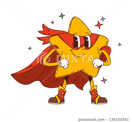 Cartoon retro groovy star superhero vector character with red cape, mask, vintage boots, and expressive face, standing in a confident super hero pose with defender retro y2k vibe and sparks around 136358561