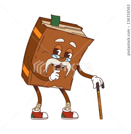 Cartoon groovy old book character with glasses, mustache and walking cane, wise elderly reader or teacher. Retro y2k hippie vector clever personage. education, literature, school or library mascot Cartoon groovy old book character with glasses, mustache and walking cane, wise elderly reader or teacher. Retro y2k hippie vector clever personage. education, literature, school or library mascot 136358563