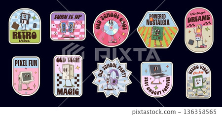 Computer groovy label stickers, device retro patches with vector slogans turn it up, old school cool, powered by nostalgia. Vintage dreams, pixel fun, old tech magic, old school party and retro vibes Computer groovy label stickers, device retro patches with vector slogans turn it up, old school cool, powered by nostalgia. Vintage dreams, pixel fun, old tech magic, old school party and retro vibes 136358565