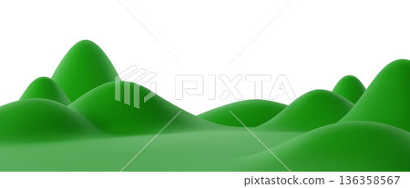 3d green grass hills landscape with soft curves and layered terrain. Vector natural scenery showing meadow field, mountains and rolling slopes. Vector countryside background, summer or spring scene 136358567