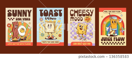 Funky groovy hippie breakfast food characters posters. Retro vector scrambled eggs with bacon, toast slice, cheese wedge, and orange juice for diner decor, cafe promotions, or party decorations 136358583